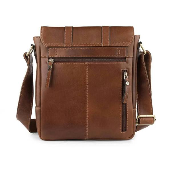 Back view of small Brown leather messenger bag showing adjustable padded shoulder strap
