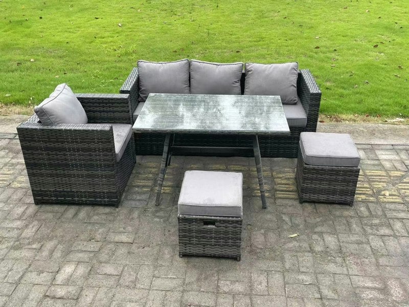 Fimous PE Rattan Outdoor Furniture Garden Dining Set with Oblong Dining Table Armchair 2 Small Footstools Dark Grey Mixed