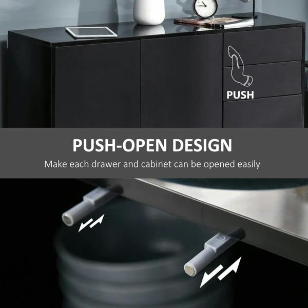 Black cabinet front with push-open drawer and door, two drawers and two cabinets