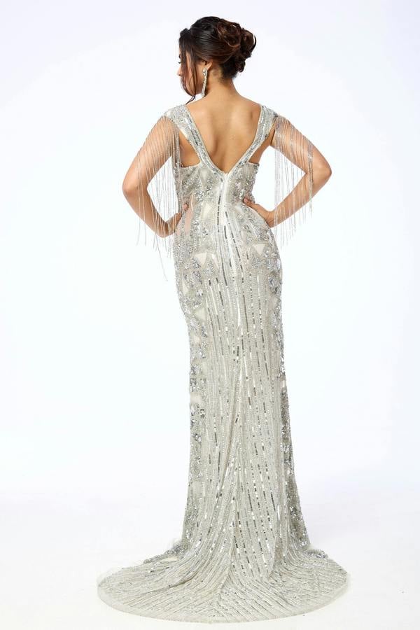 LuvForever Arien - Silver Jewelled Sequin Maxi Dress