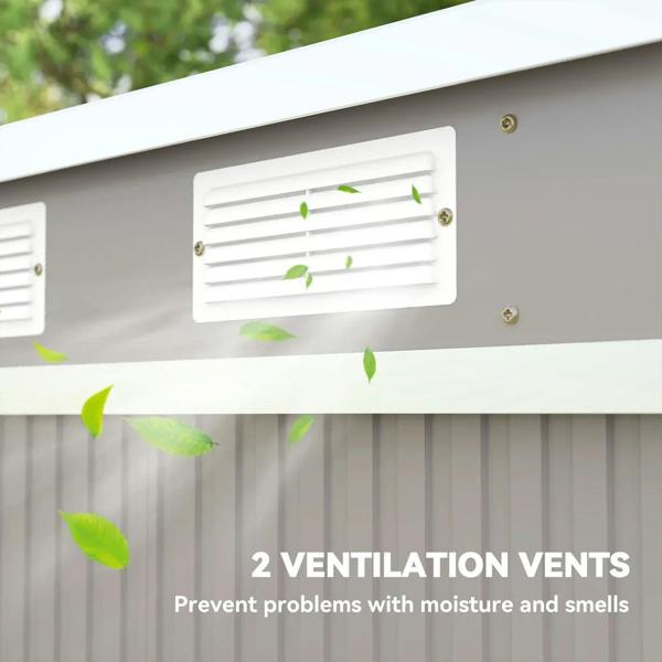 Grey shed roof with ventilation vents, helping reduce moisture and odors