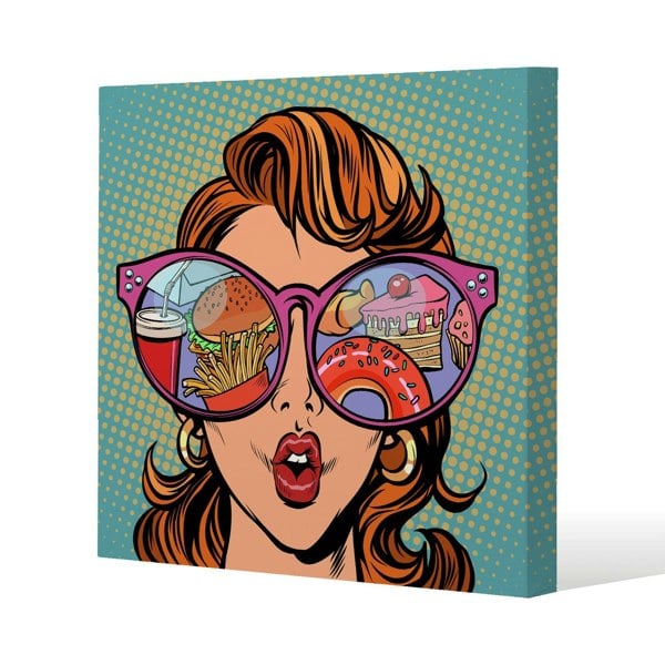 Benjamin Tate Design Woman with sunglasses. Fast food and sweets in the reflection (Canvas Print)
