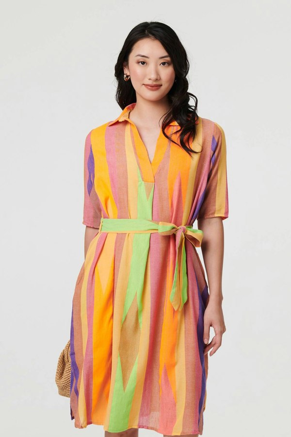 Green | Striped Knee Length Tie Waist Dress