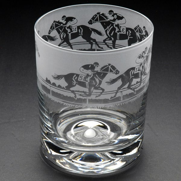 Glyptic Glass Art Horse Racing Whiskey Tumbler Glass - Hand Etched/Engraved Gift