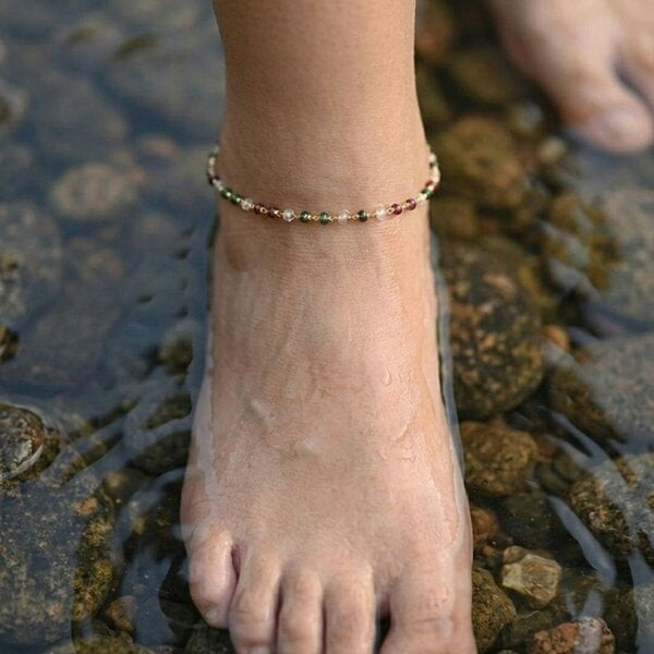 The Colourful Aura Gold Plated Multicolour Gemstone Bead Anklet Adjustable - 2 Pcs