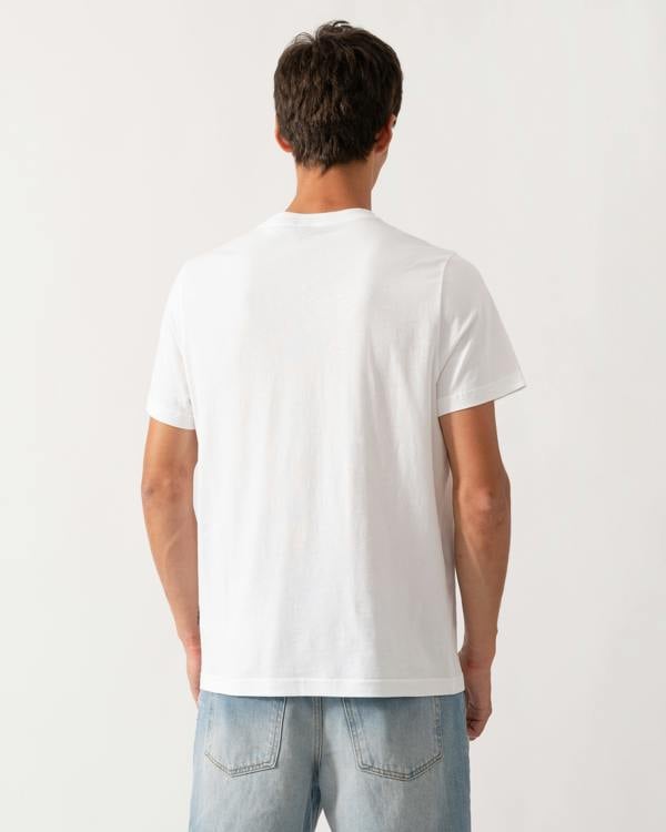 back of a model wearing a Moose Knuckles Mens Icebreak Logo T-Shirt in White 160