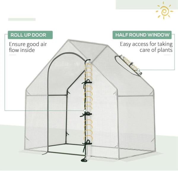 Mini greenhouse with roll-up door and half-round window on PE cover, steel frame