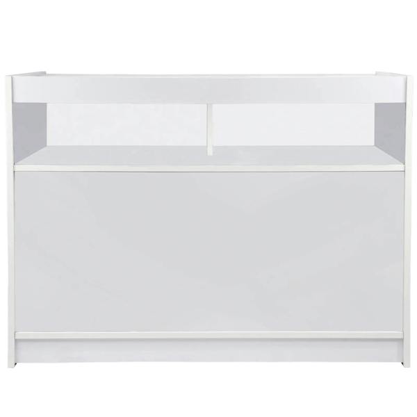 B1200 Retail Shop Counter in brilliant white, featuring a sleek, modern design with a smooth finish and spacious top for displays