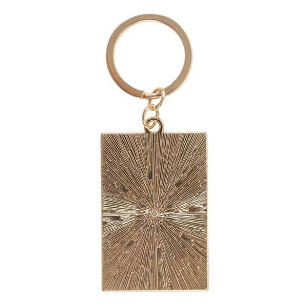 Gold-tone square enamel keyring back with sunburst texture and round key ring