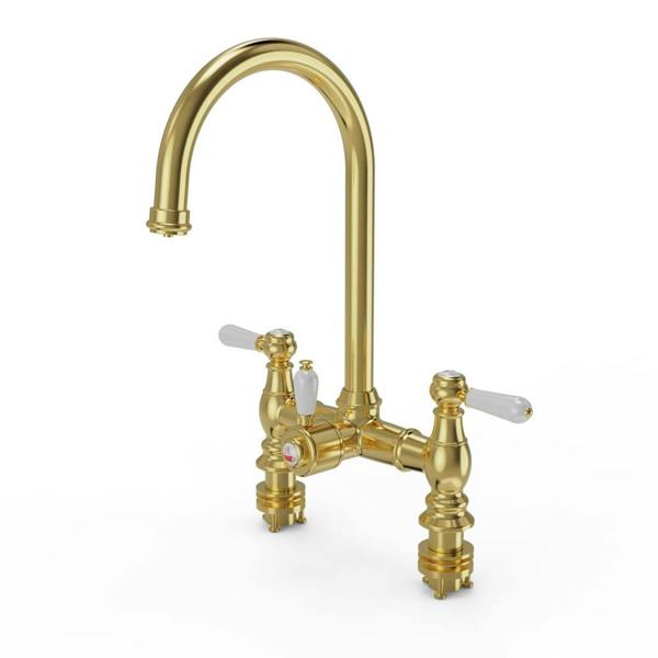 Flode klas | Traditional Bridge Style 3 in 1 Instant Boiling Tap | White Ceramic Levers | Brushed Brass Finish