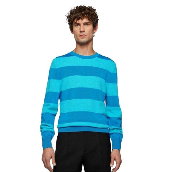 Boss Mens Eromeo Horizontal Stripe Regular Jumper - Bright Blue - 