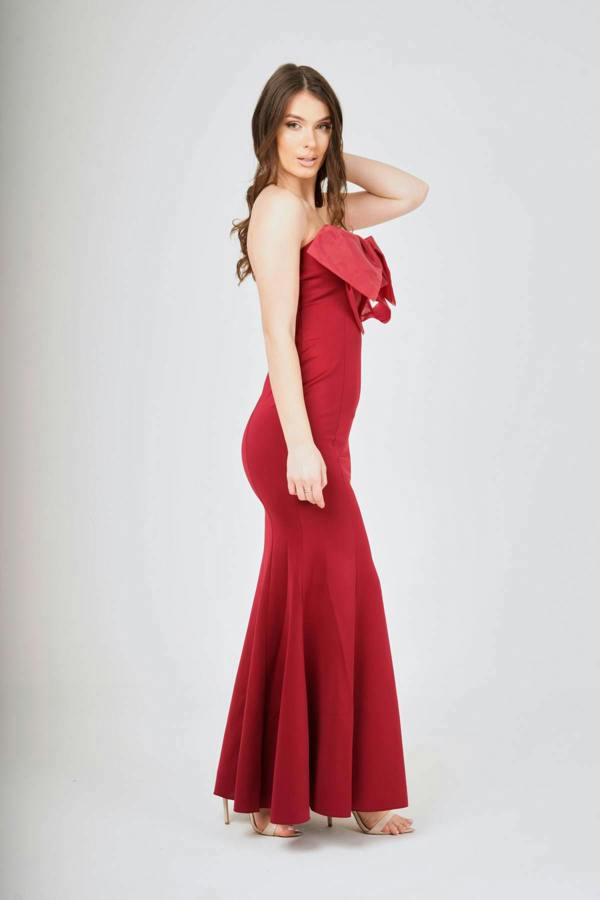 LuvForever Wine Off- Shoulder Bow-Tie Maxi Dress