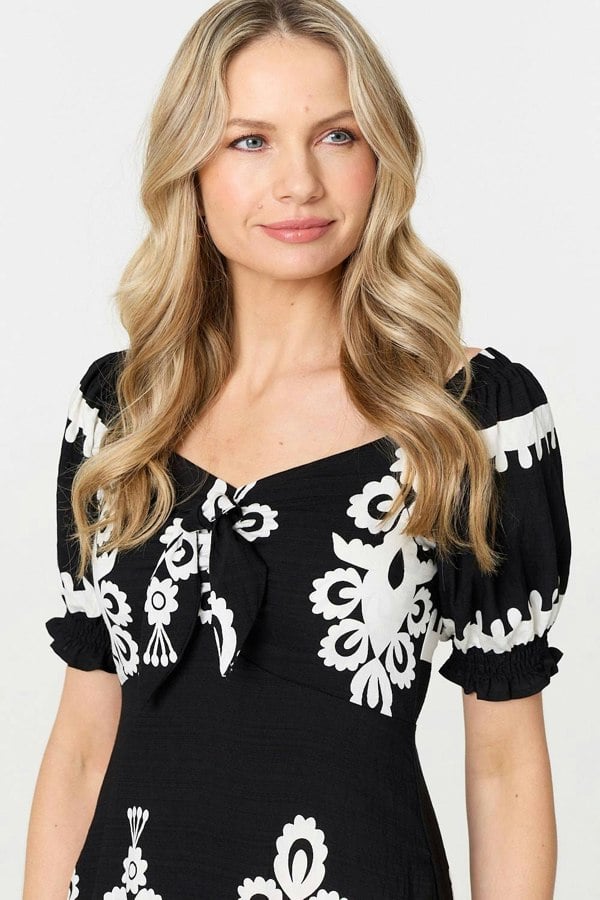Black | Printed Puff Sleeve Tie Front Midi Dress
