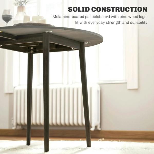 Grey round drop-leaf folding dining table with wood legs, underside and support detail