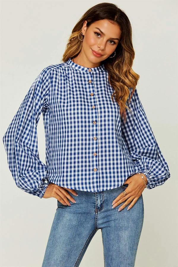 FS Collection Gingham Print Band Collar Blouse Top In Blue