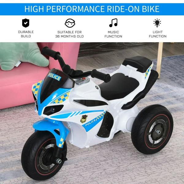 Blue and white 3-wheel police ride-on bike with black padded seat and steering grips