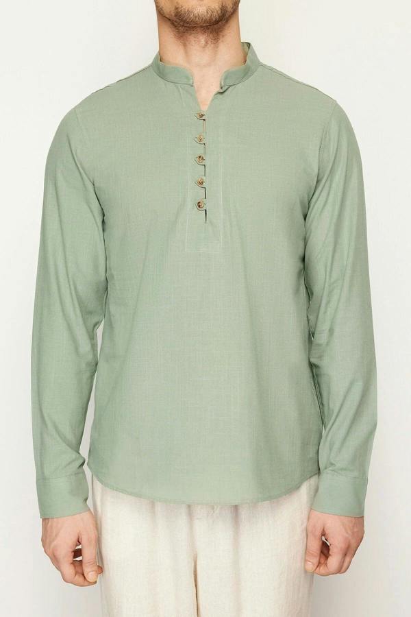 WOVCOR Slim Fit Half Placket Mandarin Collar 100% Cotton Linen Look Men’s Shirt