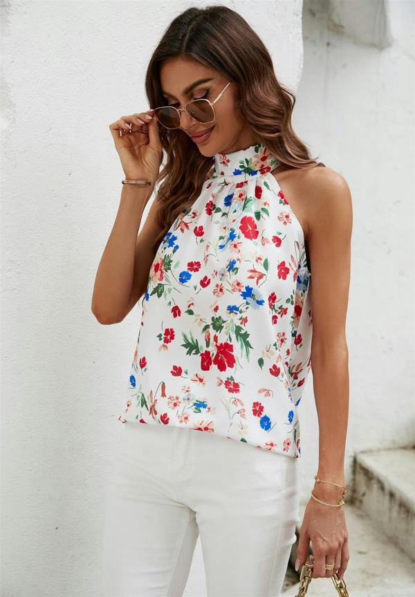 FS Collection Multicolour Floral Print  Halter Neck Tie Back Top In White