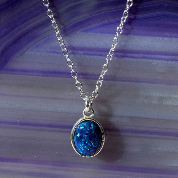 Natural Black Opal Sterling Silver October Birthstone Necklace