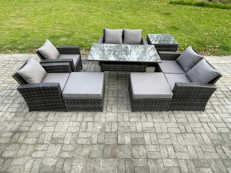 Fimous Garden Furniture Sets 8 Pieces Rattan Furniture Handmade Wicker Patio Sofa Set with 2 Big Footstool Side Table Dark Grey Mixed