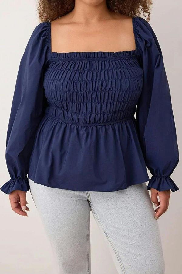WOVCOR Square Neck Gathered Sleeves Woven Plus Size Blouse