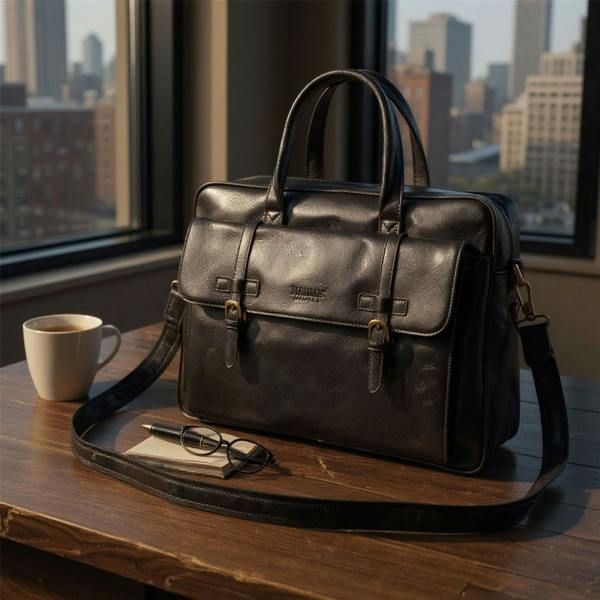 Infinity Leather Genuine Leather Laptop Black Satchel Messenger Crossbody Shoulder Bag - Belmont