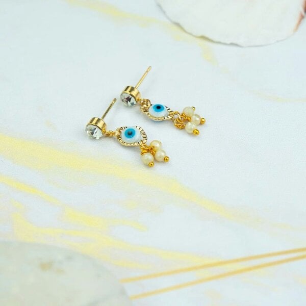 The Colourful Aura White Tiny Pearl Poth Zircon Greek Evil Eye Dangle Drop Handmade Stud Earrings
