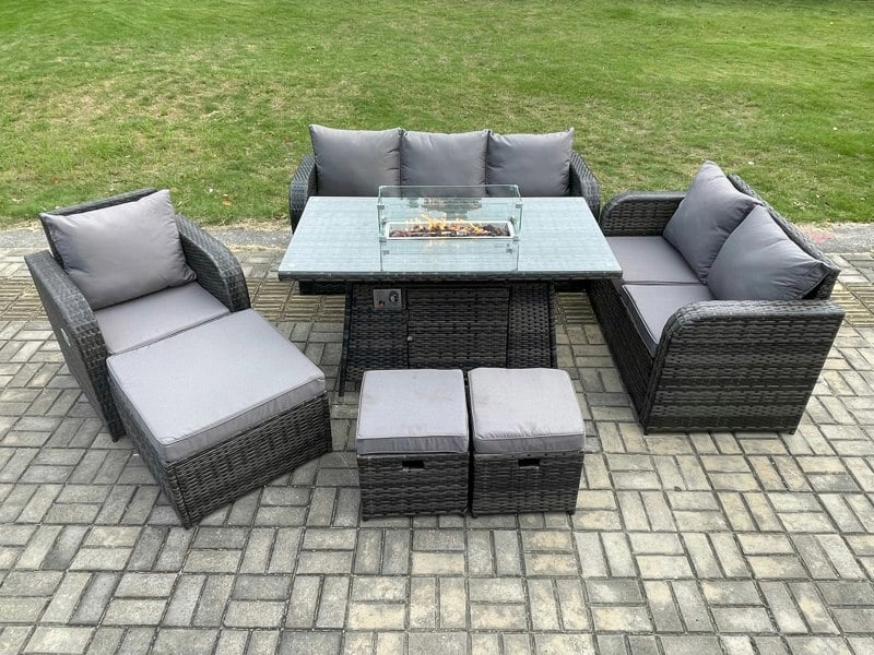 Fimous Rattan Garden Furniture Set with Fire Pit Table 9 Seater Outdoor Lounge Sofa Set Dark Grey Mixed