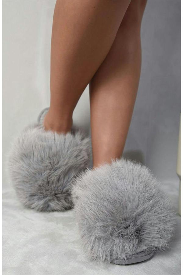 Mildred Fluffy Faux Fur Winter Sandals - Grey