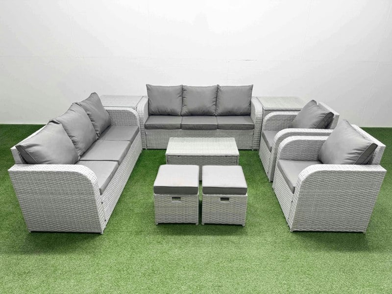 Fimous PE Rattan High Back Lounge Sofa Set Patio Coffee Table & Chairs Set with 3 Seater Sofa Reclining Chair Stools 2 Side Table Light Grey