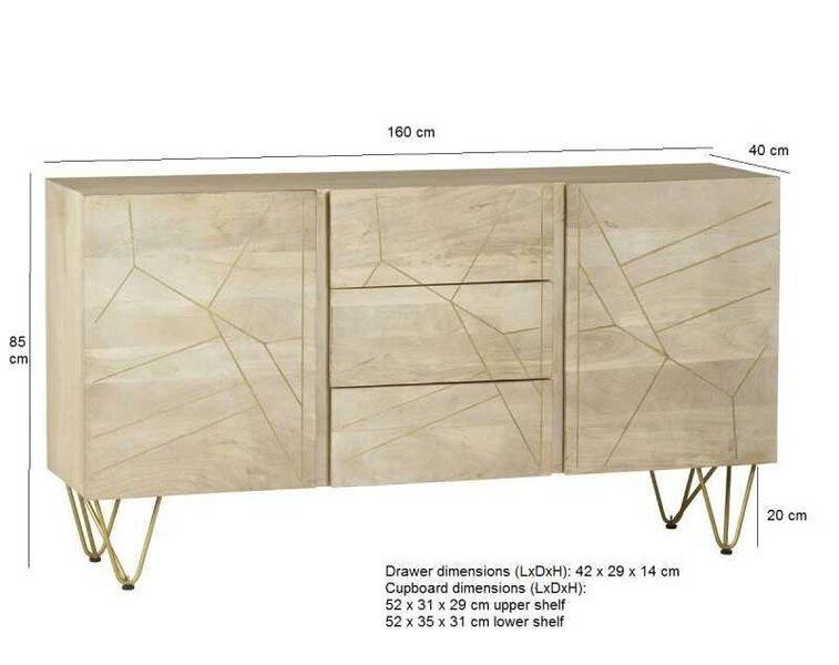 Wyld Haus Bali Light Mango Wood Gold Extra Large Sideboard 3 Drawers 2 Doors