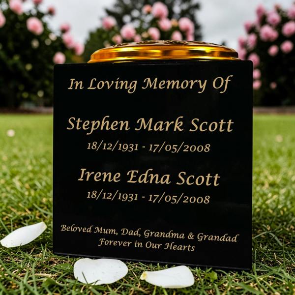 Memorials Direct Granite Memorial Vase for Two Names, Free Personalised Gold Engraving, Solid Granite