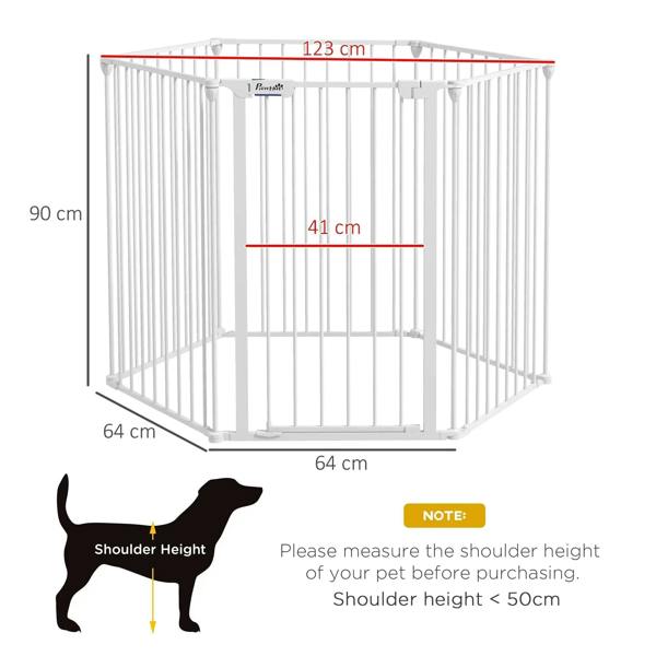 White foldable dog playpen with front gate; top view and size layout