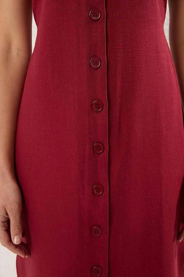 Belted Linen Blend V Neck Midi Shirt Dress