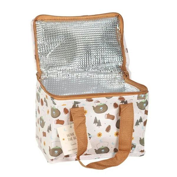 Camping print lunch bag with zip opening and silver insulated lining, tan trim