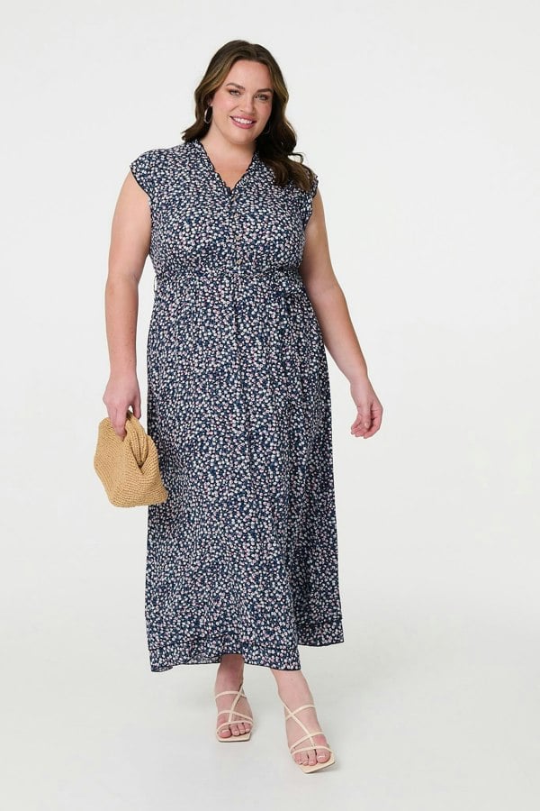 Navy | Ditsy Floral Frill Hem Maxi Dress : Model is 5'8"/172 cm and wears UK18/EU46/US14/AUS18