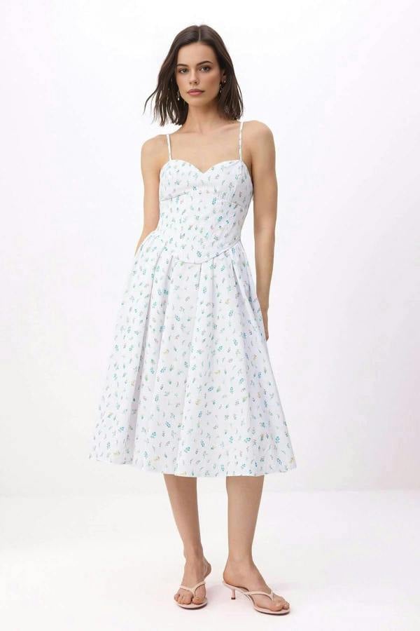 Floral Print Sweetheart Neckline Midi Corset Detail Dress