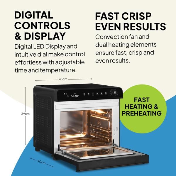 The Fridja f77 Super Oven Pro is a black 30L digital air fryer oven with an LED display, showcasing interior heating elements. Features include digital controls, fast heating, preheating, PFAS-free materials. Size: 43cm(W) x 39cm(H) x 40cm(D).