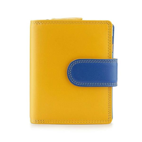 Yellow  wallet with a blue strap on a white background