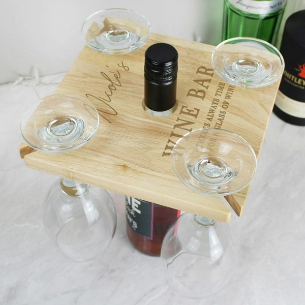 Personalised Memento Company Personalised Free Text Four Wine Glass Holder & Bottle Holder