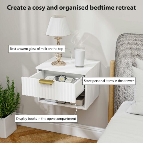 Wyld Haus Ludi Set Of 2 Wooden White Wall Mounted Bedside Tables With Fluted Drawer And Shelf