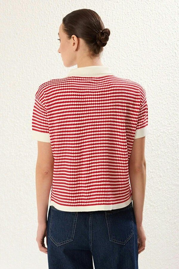 WOVCOR Striped Polo Neck Knit Mid-Length Blouse