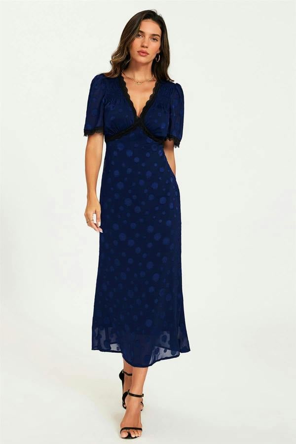 FS Collection Polka Dot Jacquard Lace Trim Midi Dress In Navy