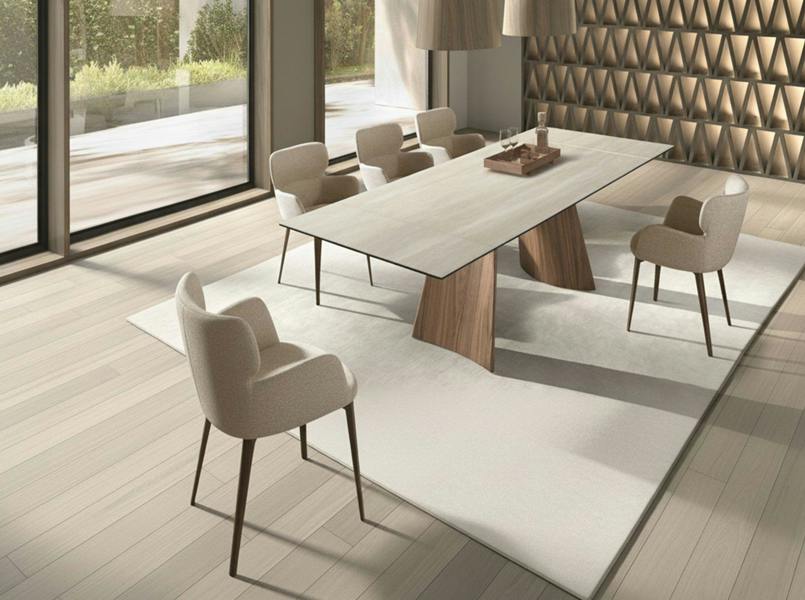 Angel Cerdá Rectangular extending dining table in porcelain marble and walnut effect steel 1164
