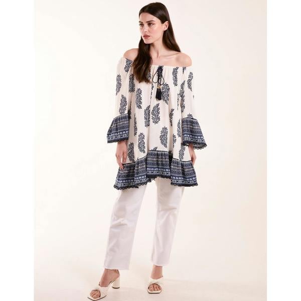 Blue Vanilla Mix Print Bardot With Tassel Dress