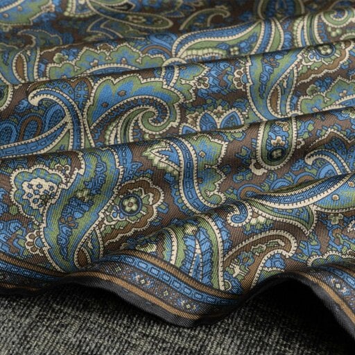 Otway & Orford 'Cypress' paisley silk pocket square in gold, brown, blue & green (42 x 42cm)