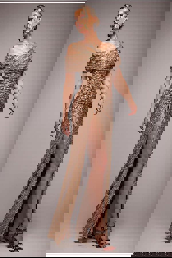 Off The Shoulder Sequin Cowl Drawstring Maxi Dress - Gold DR4824