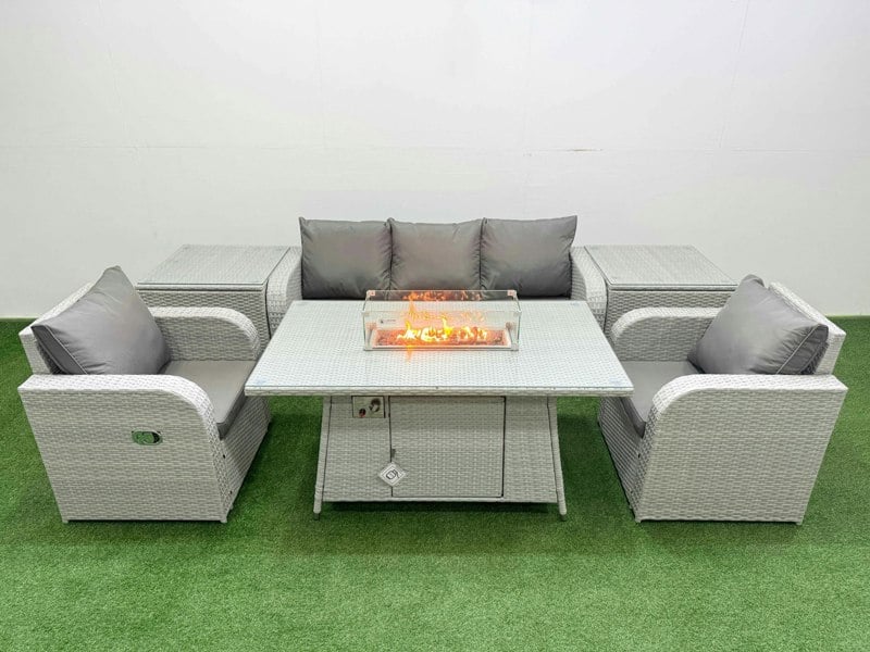 Fimous PE Rattan Garden Furniture Set Reclining Chair Sofa Lounge Sofa Set Fire Pit Dining Table 2 Side Table Light Grey