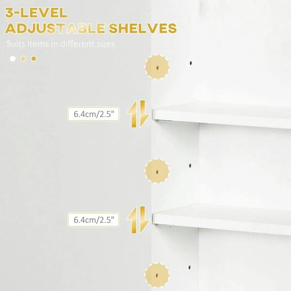 Interior view of adjustable wall cabinet shelves with three height levels and mounting pins.