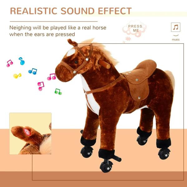 Plush brown ride-on rocking horse toy with realistic sound effect and tan saddle